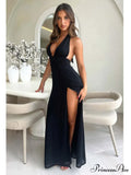 Black Deep Neck Charming High Split Maxi Dress