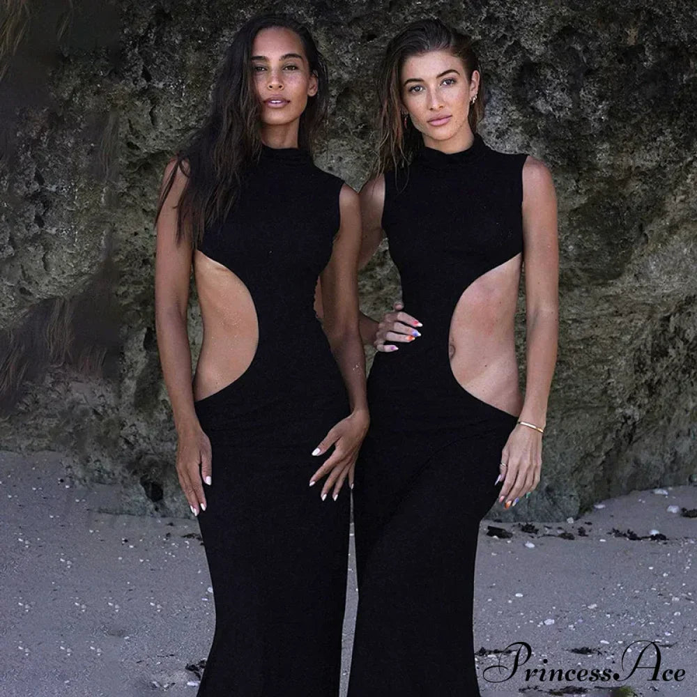 Black Hollow Out Long Women Sleeveless Bodycon Maxi Evening Slim Clubwear Cut Dress