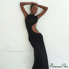 Black Hollow Out Long Women Sleeveless Bodycon Maxi Evening Slim Clubwear Cut Dress