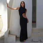 Black Hollow Out Long Women Sleeveless Bodycon Maxi Evening Slim Clubwear Cut Dress