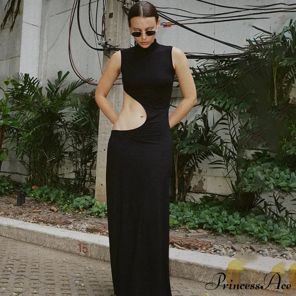 Black Hollow Out Long Women Sleeveless Bodycon Maxi Evening Slim Clubwear Cut Dress