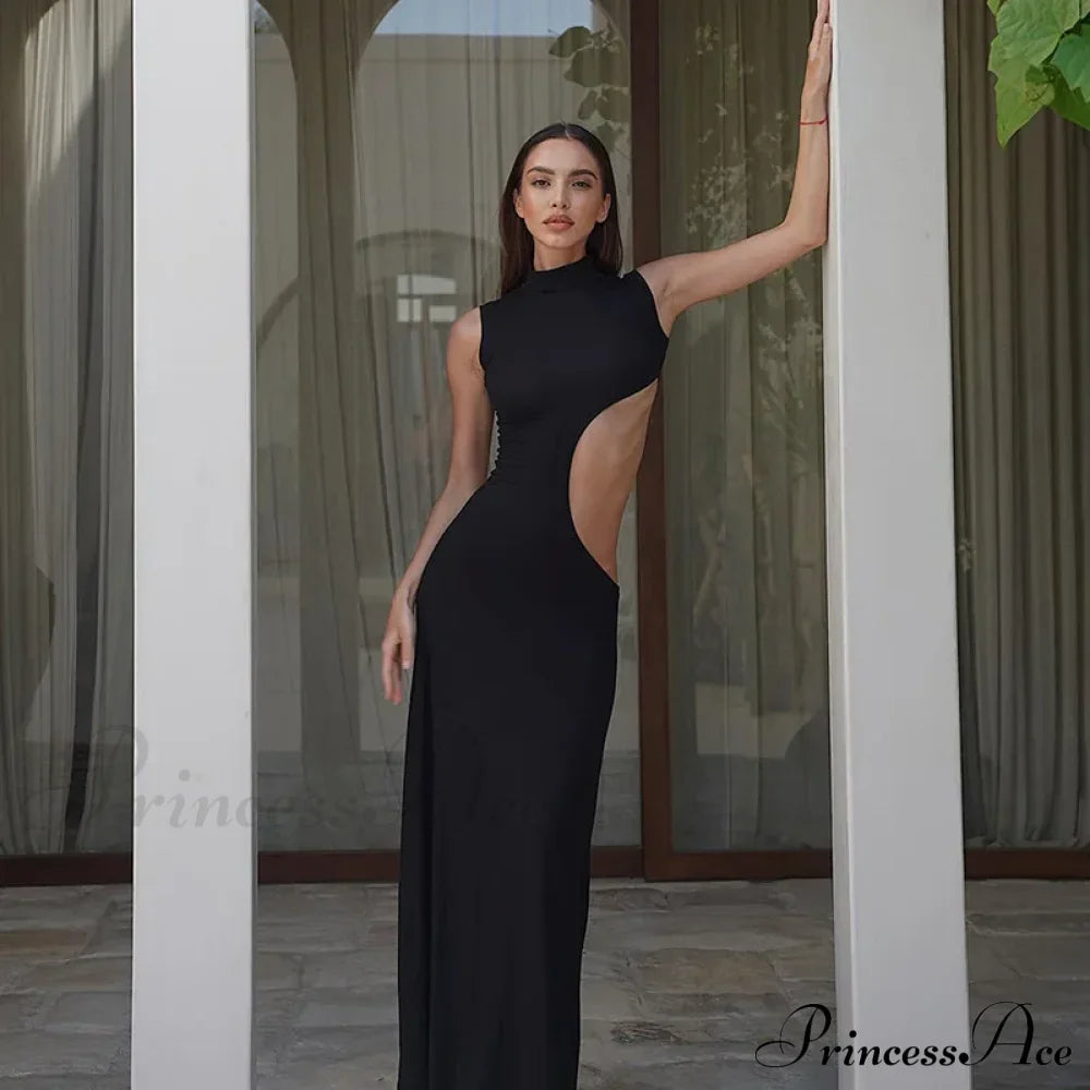 Black Hollow Out Long Women Sleeveless Bodycon Maxi Evening Slim Clubwear Cut Dress