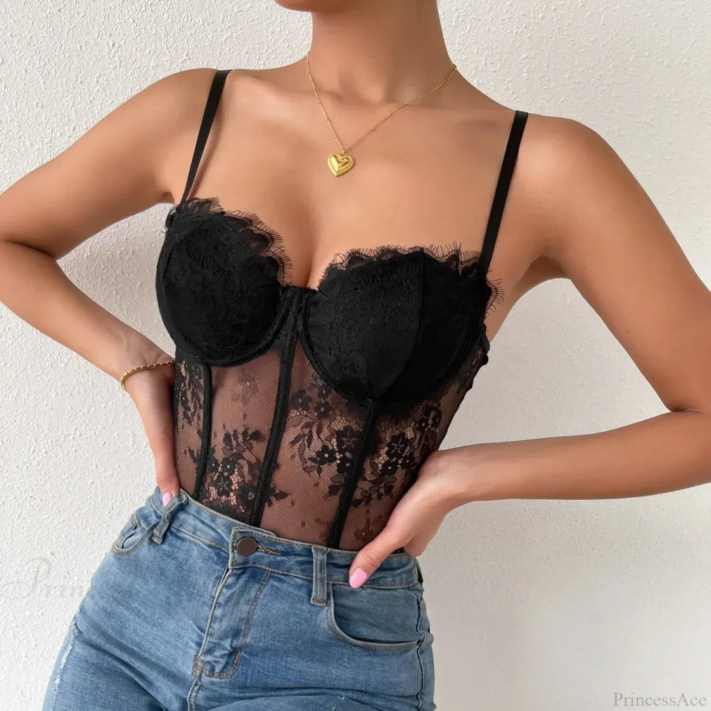 Black Lace Eyelash See-Through Fishbone Bustier