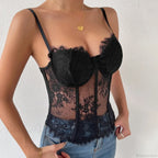 Black Lace Eyelash See-Through Fishbone Bustier