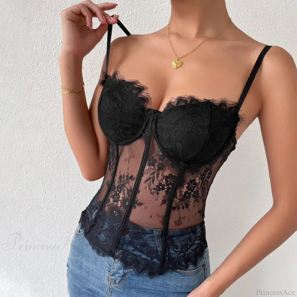 Black Lace Eyelash See-Through Fishbone Bustier