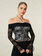 Black Lace Floral Sheer Off-Shoulder Slim Corset Top