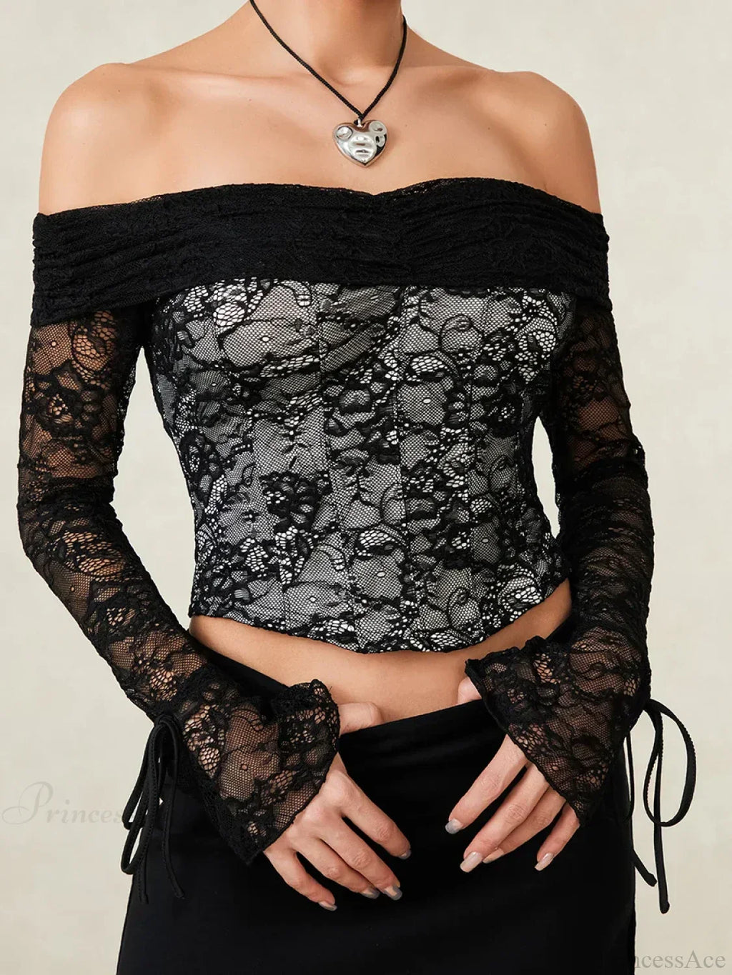 Black Lace Floral Sheer Off-Shoulder Slim Corset Top