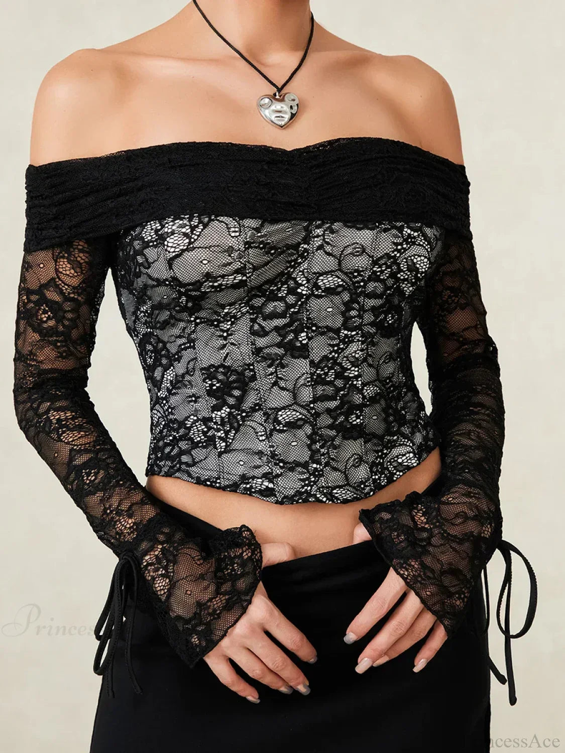 Black Lace Floral Sheer Off-Shoulder Slim Corset Top