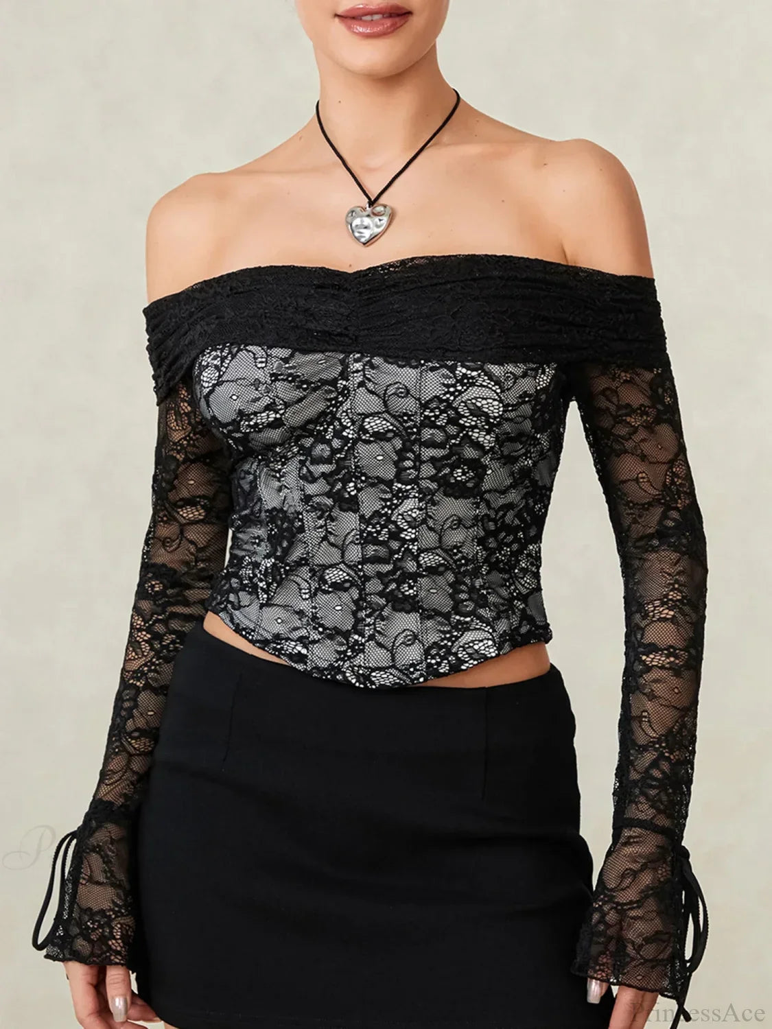 Black Lace Floral Sheer Off-Shoulder Slim Corset Top