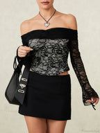 Black Lace Floral Sheer Off-Shoulder Slim Corset Top