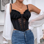 Black Lace Pleated Sheer Fishbone Spaghetti Top