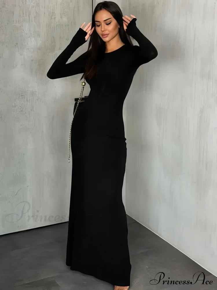 Black Maxi Dress With Long Sleeves And Sleek Silhouette