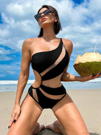 Black Mesh One Shoulder High Cut Monokini Piece
