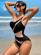 Black Mesh One Shoulder High Cut Monokini Piece