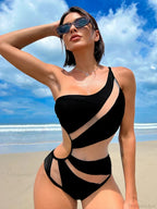 Black Mesh One Shoulder High Cut Monokini Piece