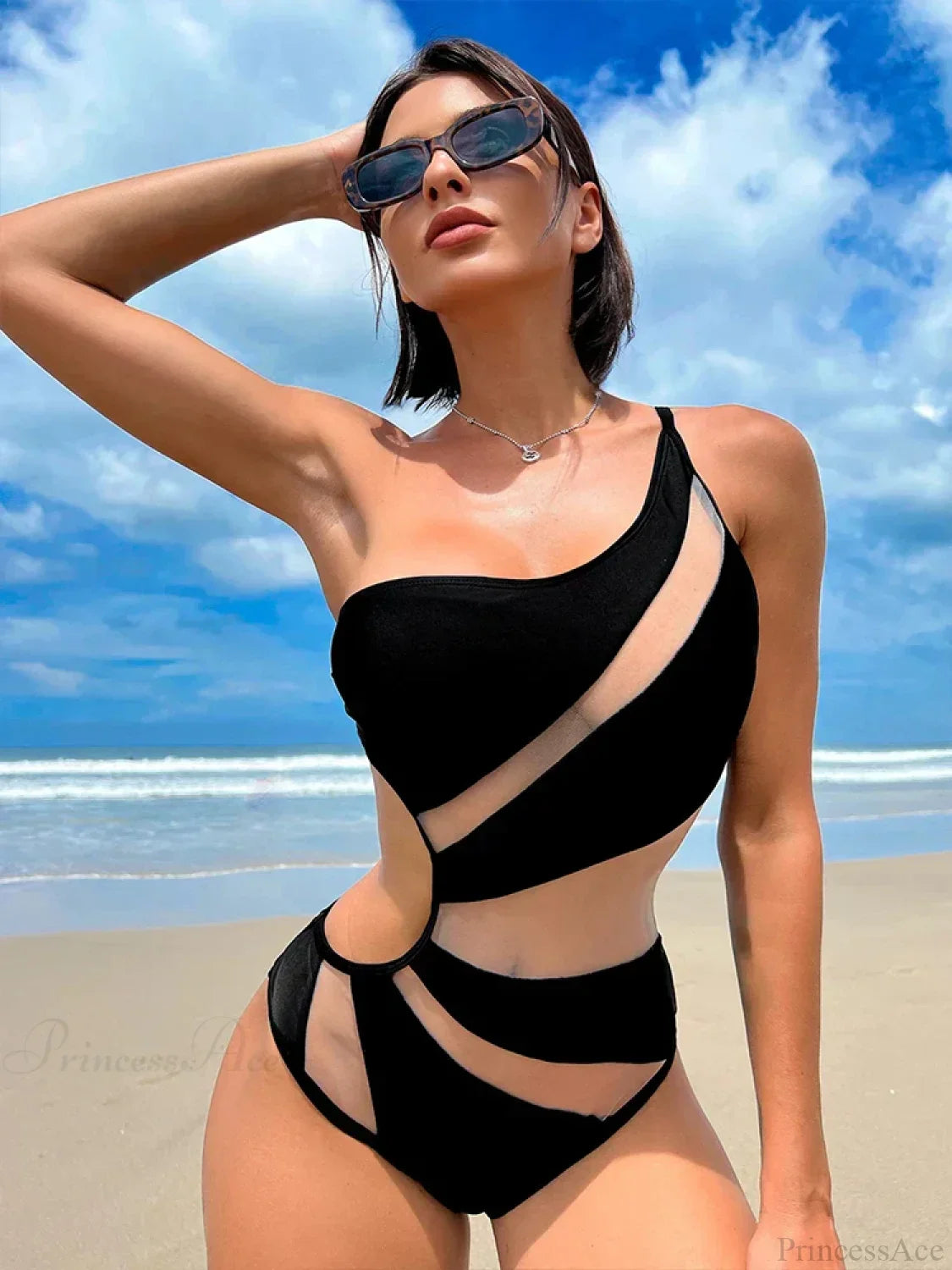 Black Mesh One Shoulder High Cut Monokini Piece