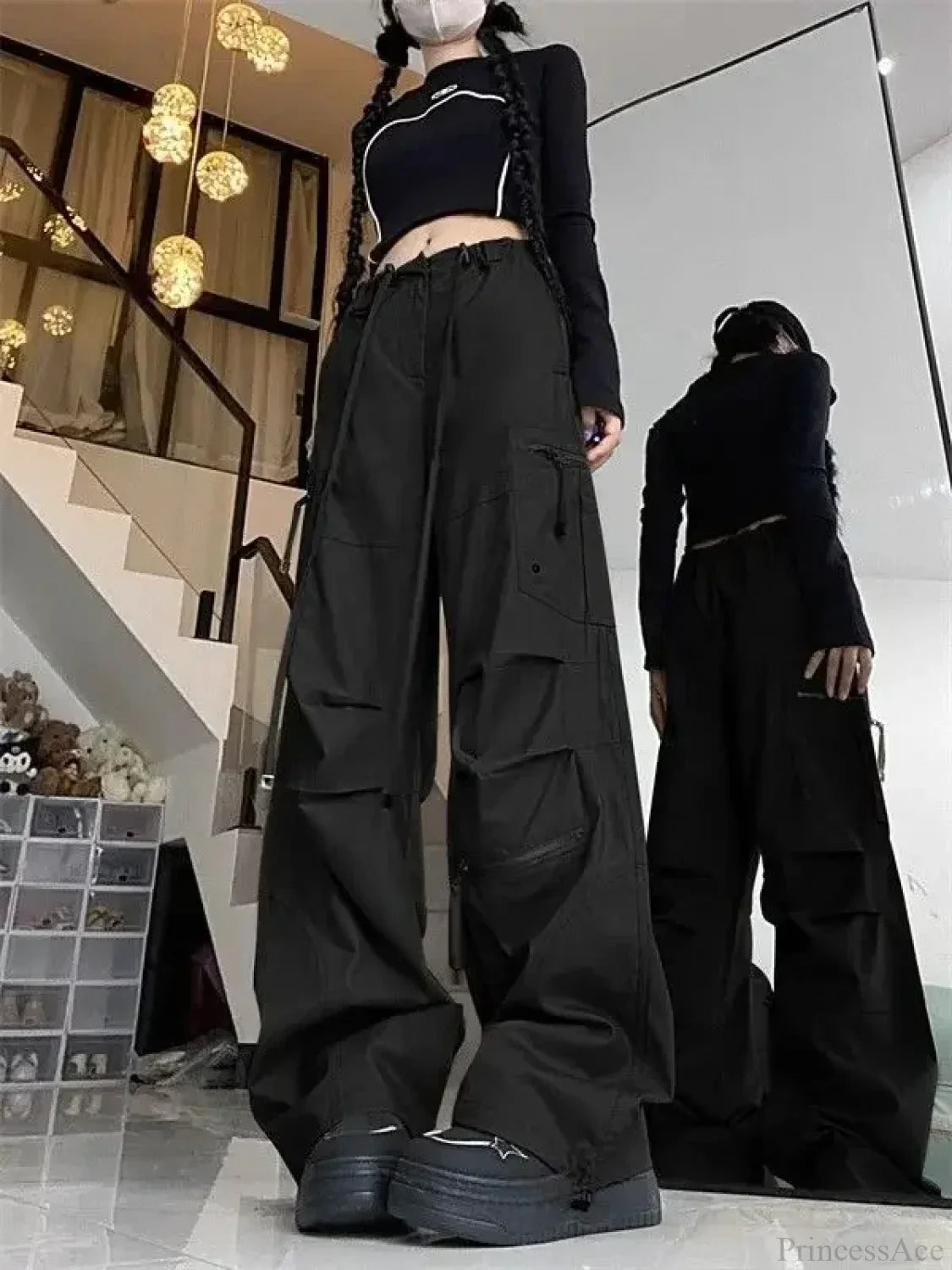Black Parachute Cargo Pants Y2K