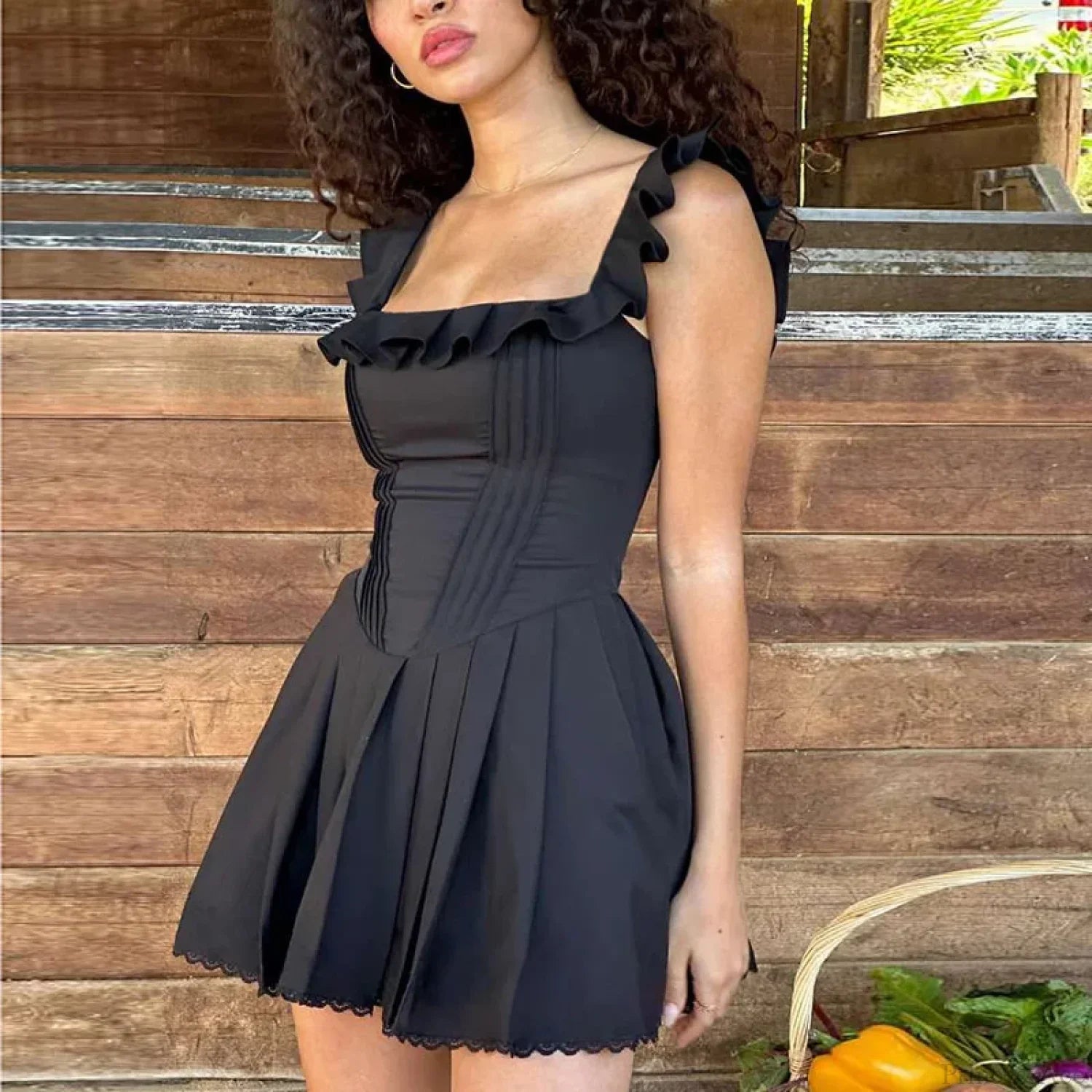 Black Ruffles A-Line Vacation Dress