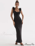 Black Satin Feather Charming Strap Maxi Dress