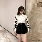 Blous Top Spring Long Ribbons Arm Casual Black Stitching Office Blouse Lady
