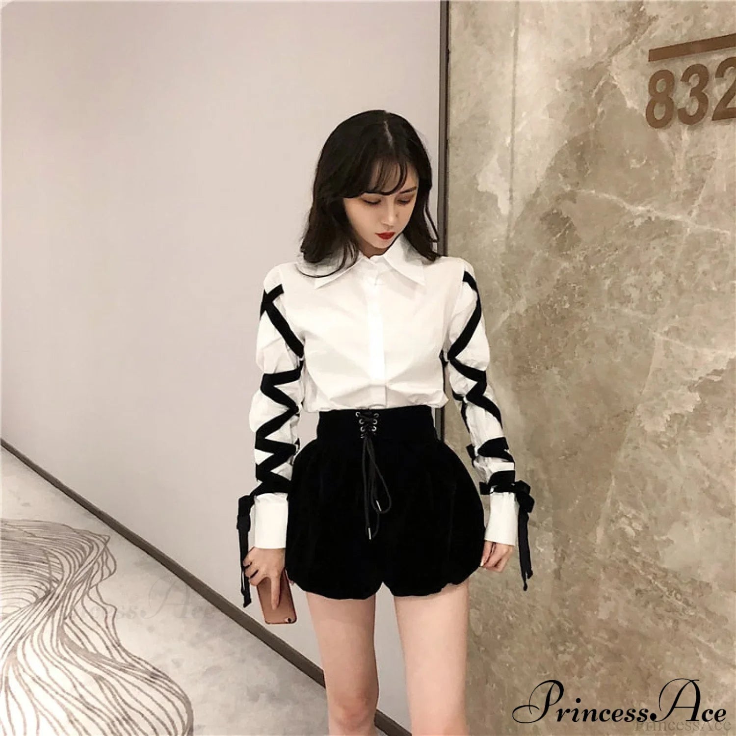 Blous Top Spring Long Ribbons Arm Casual Black Stitching Office Blouse Lady