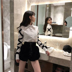 Blous Top Spring Long Ribbons Arm Casual Black Stitching Office Blouse Lady