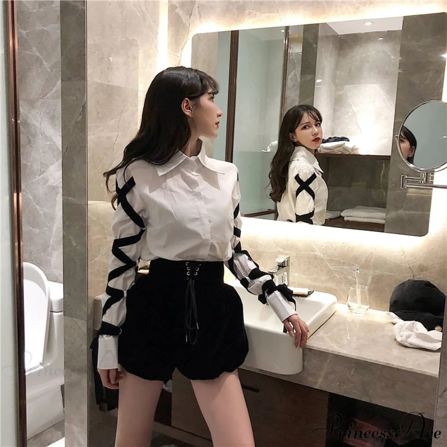 Blous Top Spring Long Ribbons Arm Casual Black Stitching Office Blouse Lady