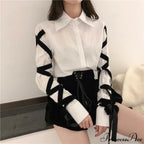 Blous Top Spring Long Ribbons Arm Casual Black Stitching Office Blouse Lady