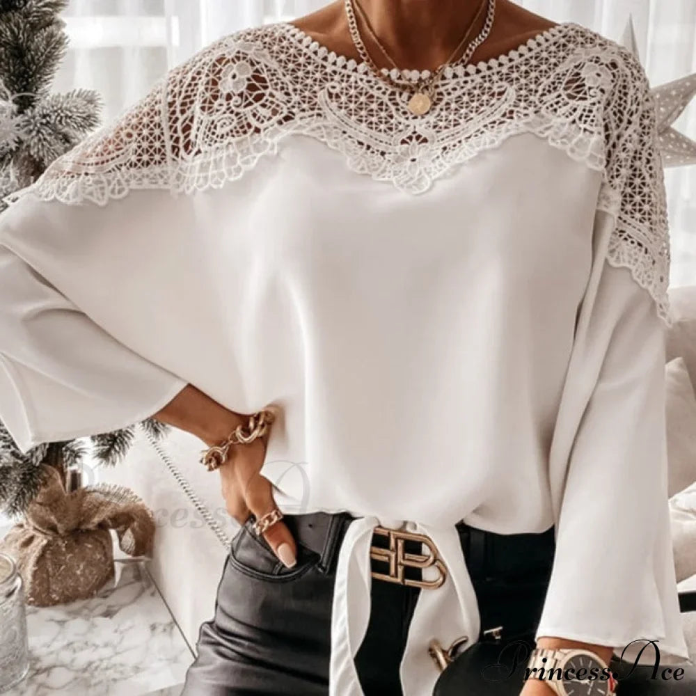 Blouse Embroidery Vintage Lace Elegant Top Women Crochet Autumn White Blusa 12459