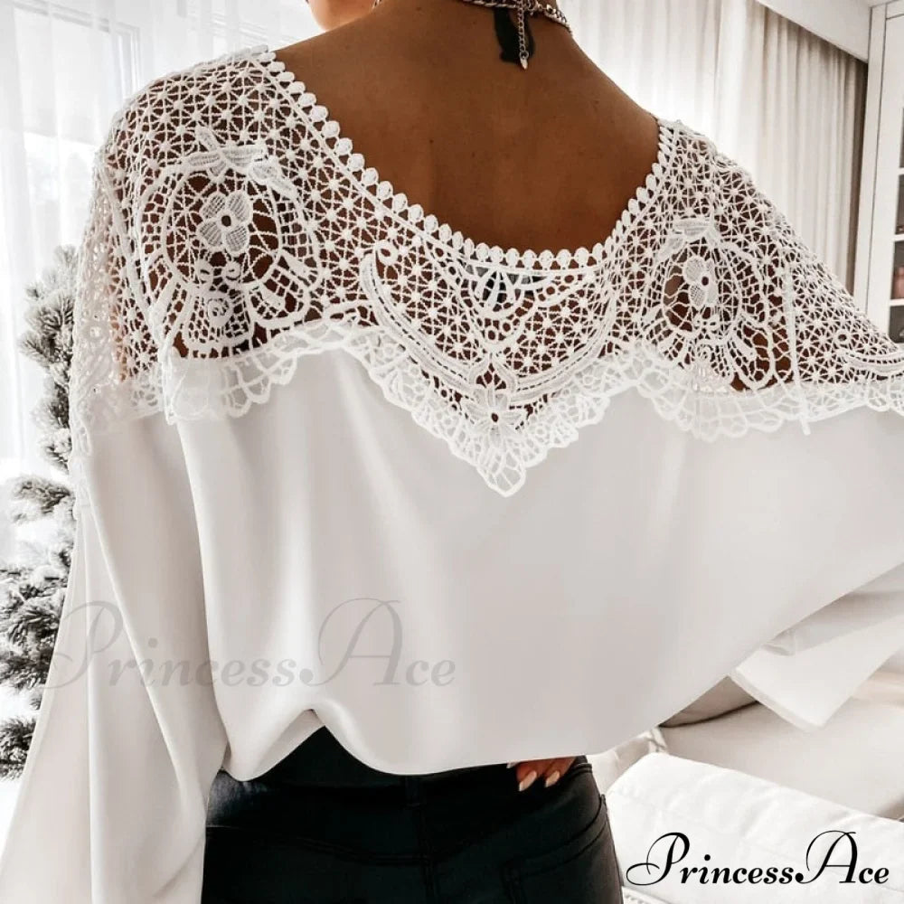 Blouse Embroidery Vintage Lace Elegant Top Women Crochet Autumn White Blusa 12459