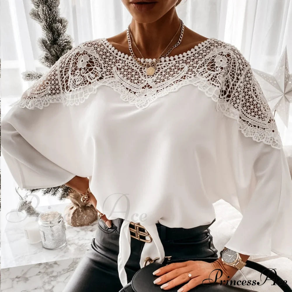 Blouse Embroidery Vintage Lace Elegant Top Women Crochet Autumn White Blusa 12459