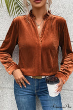 Blouse Frilled Flame Gold Velvet With Collar