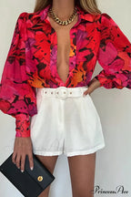 Blouse Lantern Arm Flowered Design In Red