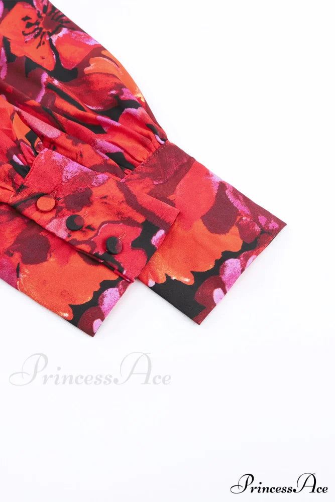 Blouse Lantern Arm Flowered Design In Red