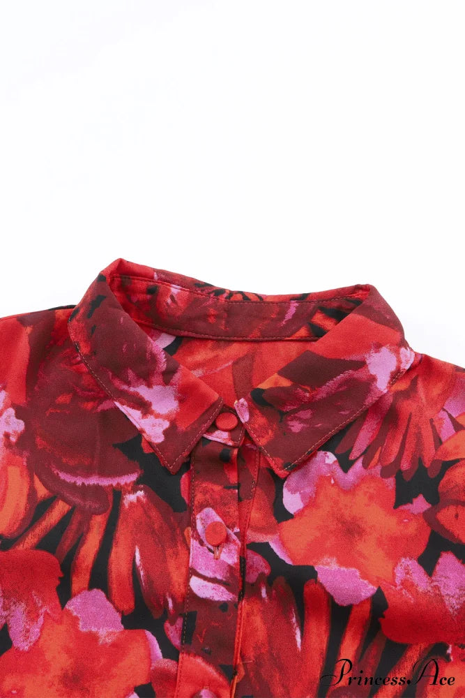 Blouse Lantern Arm Flowered Design In Red