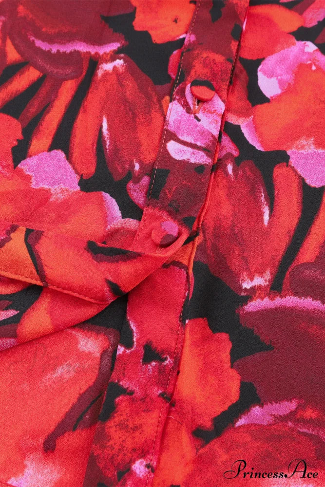 Blouse Lantern Arm Flowered Design In Red
