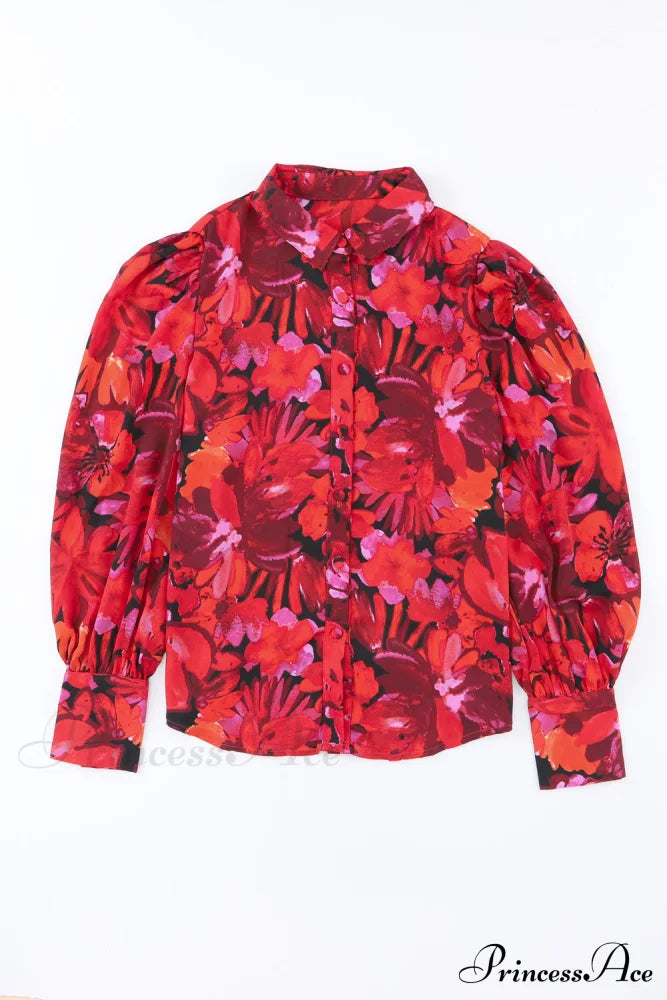 Blouse Lantern Arm Flowered Design In Red