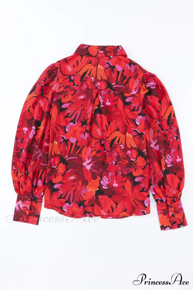 Blouse Lantern Arm Flowered Design In Red