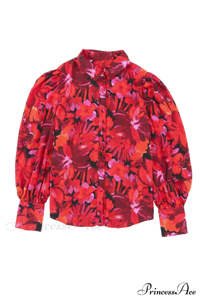 Blouse Lantern Arm Flowered Design In Red