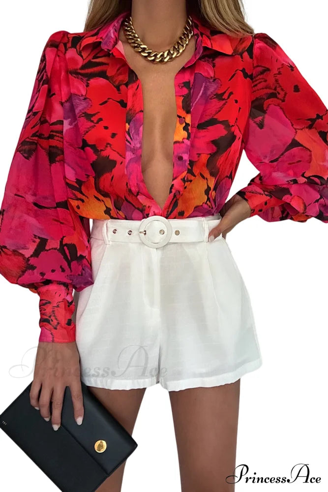 Blouse Lantern Arm Flowered Design In Red