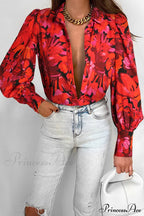 Blouse Lantern Arm Flowered Design In Red