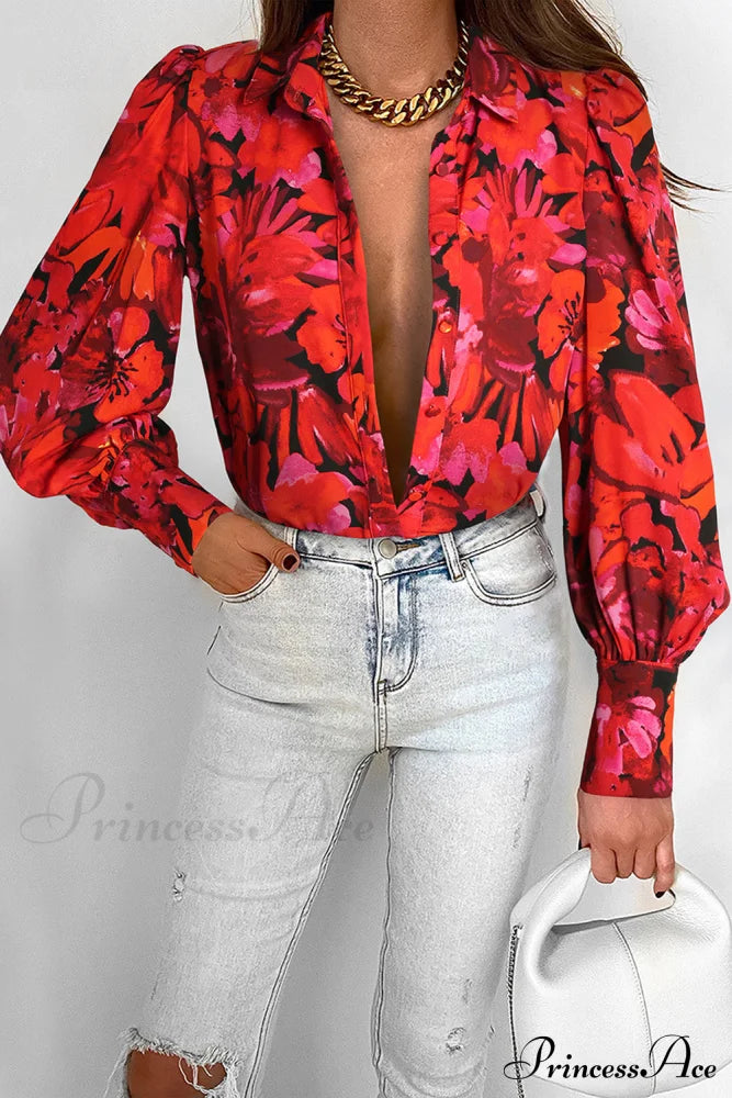 Blouse Lantern Arm Flowered Design In Red