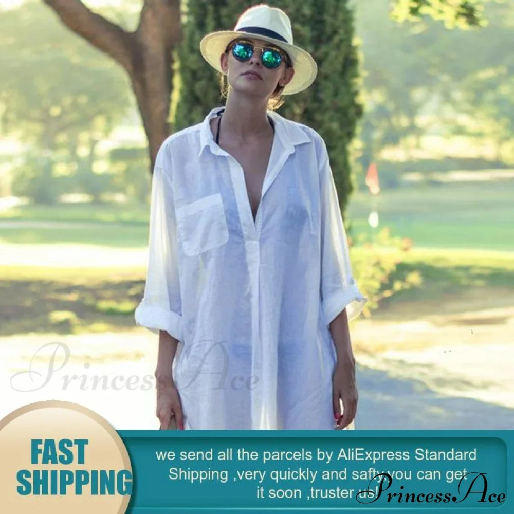 Blouse - Long Cotton Arm Kimono Woman'S Coastal White Casual Cover Up