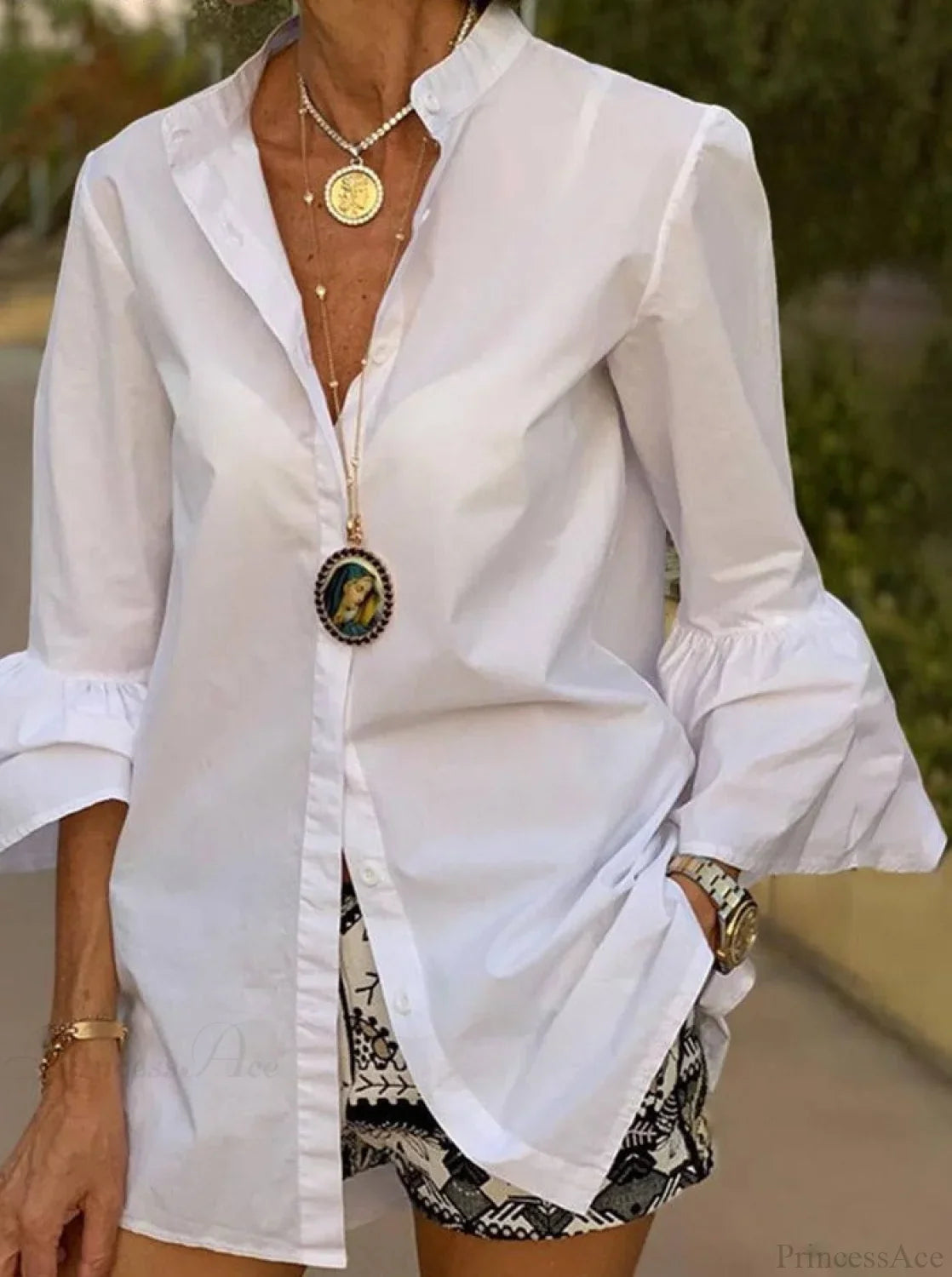 Blouse Office Arm - V Button Flare Up White Neck