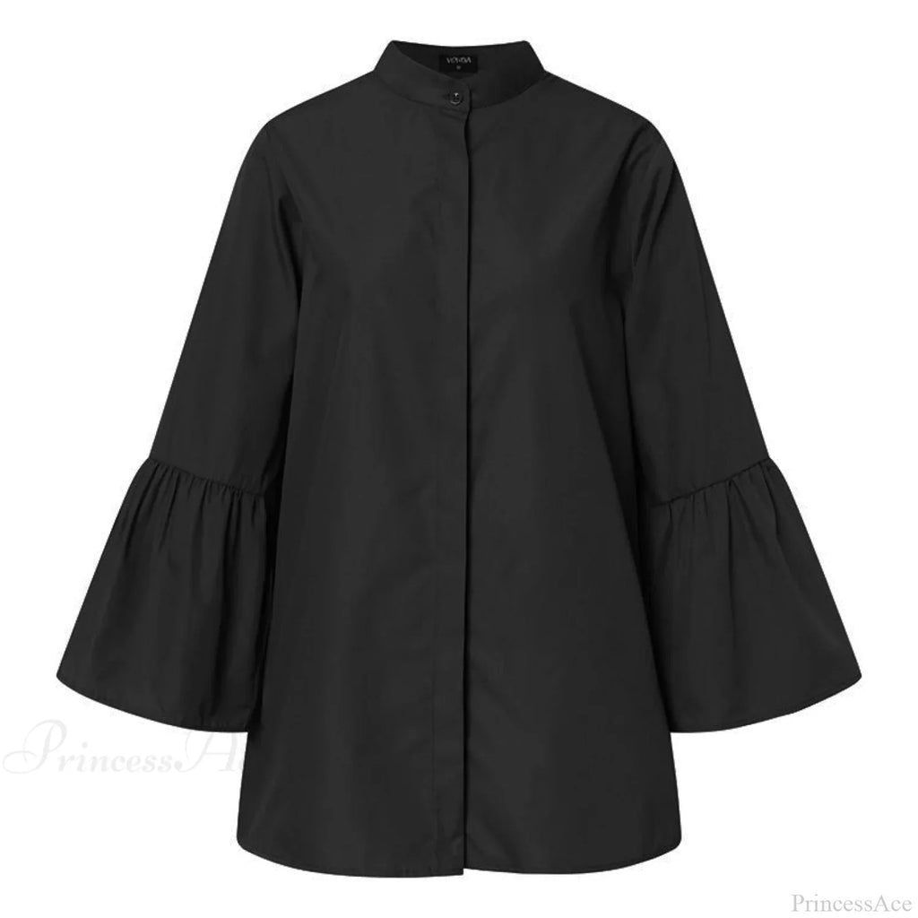 Blouse Office Arm - V Button Flare Up White Neck