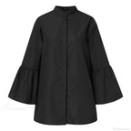 Blouse Office Arm - V Button Flare Up White Neck