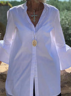 Blouse Office Arm - V Button Flare Up White Neck