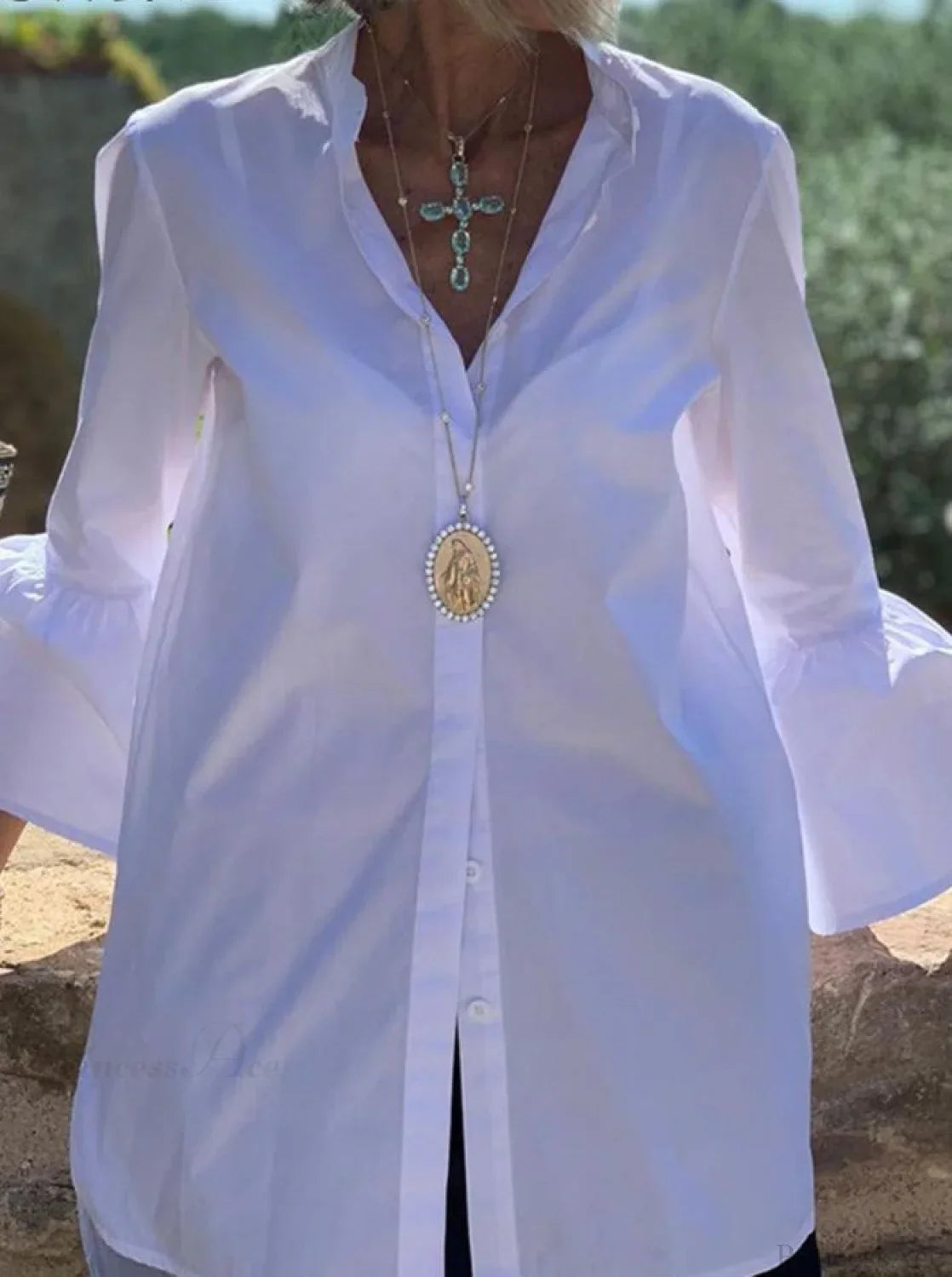 Blouse Office Arm - V Button Flare Up White Neck