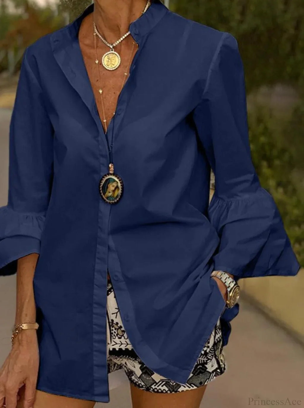 Blouse Office Arm - V Button Flare Up White Neck