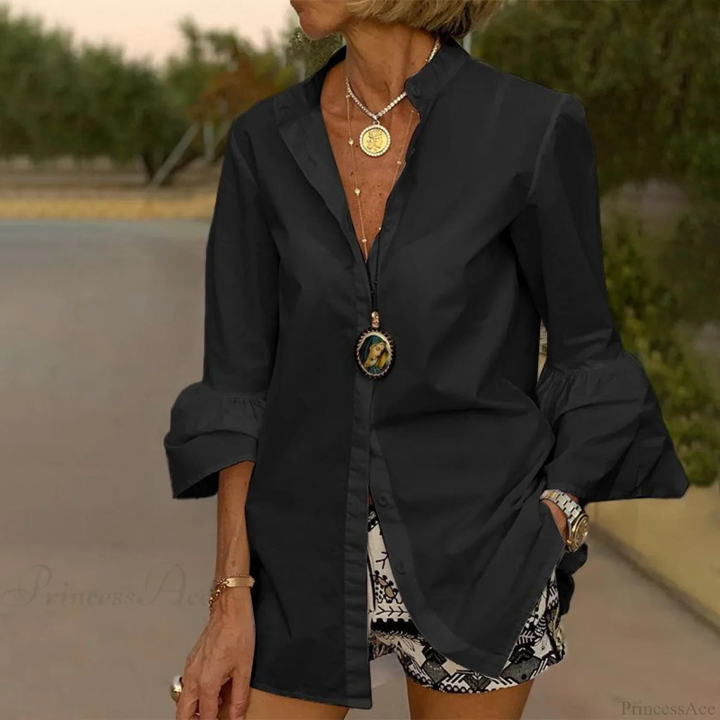Blouse Office Arm - V Button Flare Up White Neck